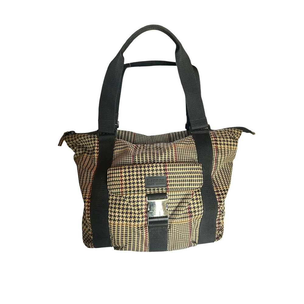 Lauren Ralph Lauren Houndstooth Nylon Tote Bag Tan Black Red Buckle Shoulder Bag
